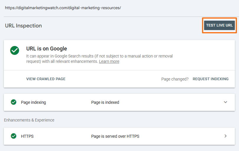 Google Search Console URL Inspection with the Test Live URL button highlighted