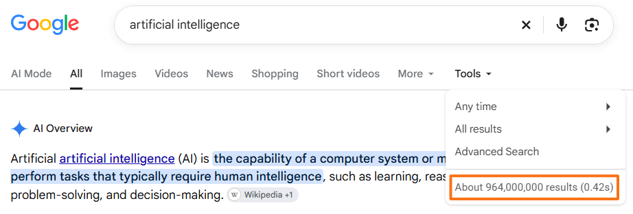 Google Search for artificial intelligence showing an estimated 964 million results in the Tools menu