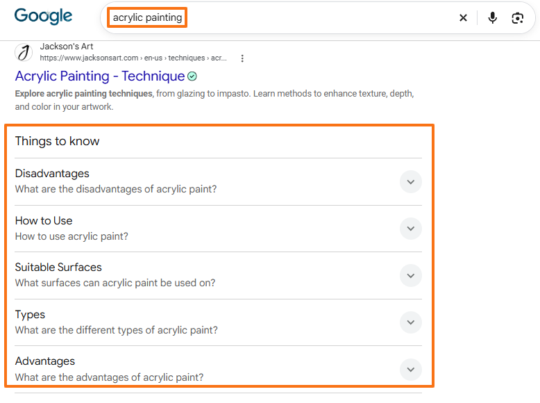 Google Search results for acrylic painting with a Things to know section covering disadvantages, uses, suitable surfaces, types, and advantages