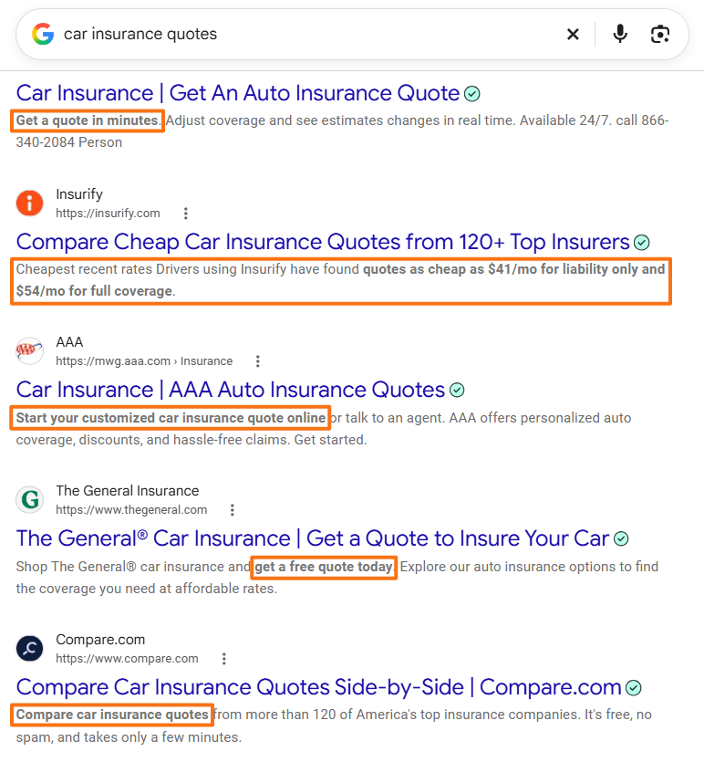 Google search results for car insurance quotes highlighting different keyword variations used in titles and descriptions