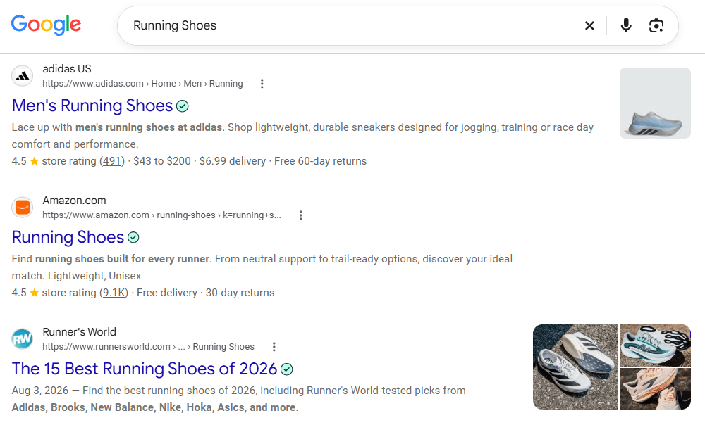 Google SERP for Running Shoes showing several organic search results with titles URLs snippets ratings and images