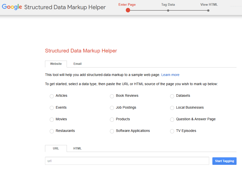 Google Structured Data Markup Helper with content type options and fields for entering a webpage URL or HTML