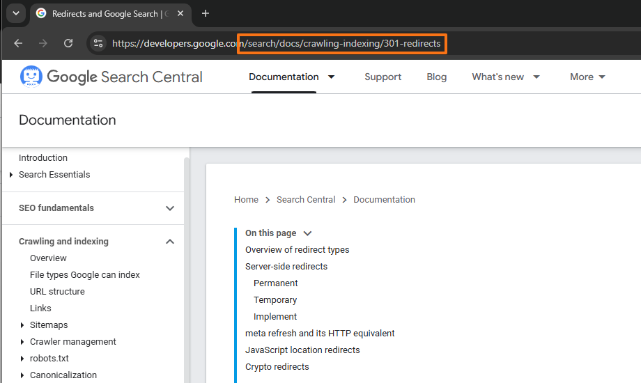 Google Search Central URL with the path /search/docs/crawling-indexing/301-redirects highlighted to show nested folder and subfolder structure