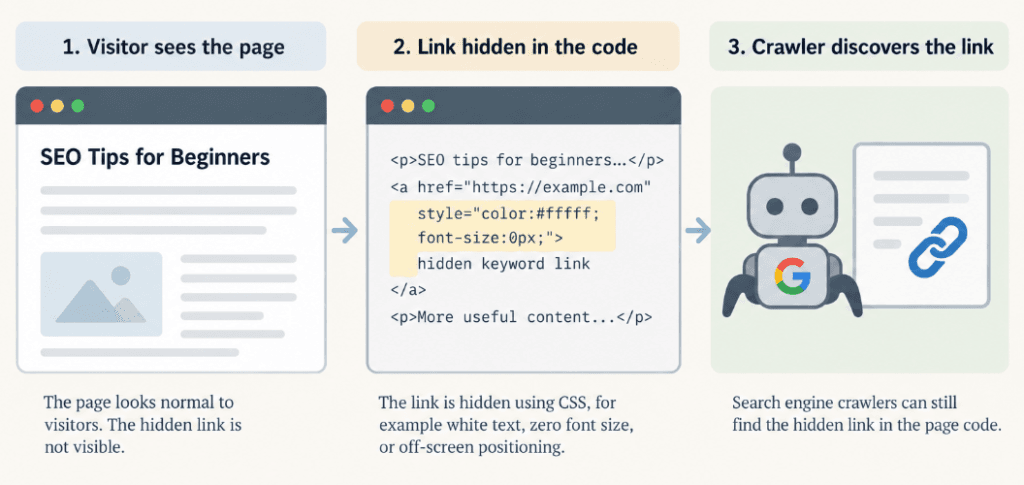Three-step illustration showing a normal webpage, a hidden link in the HTML and a search engine crawler discovering the link