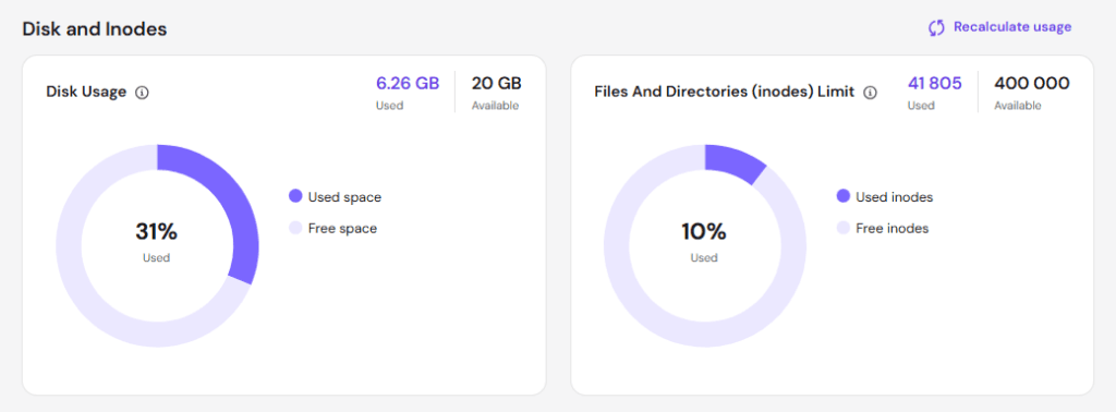 Hostinger hPanel showing 6.26 GB disk usage and 41,805 used inodes