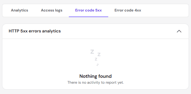 Hostinger hPanel HTTP 5xx errors analytics showing no recent 5xx error activity
