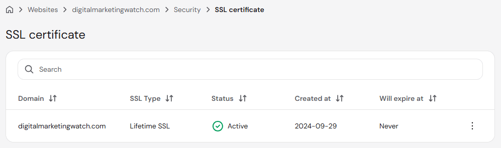 Hostinger SSL certificate page showing an active Lifetime SSL certificate for digitalmarketingwatch.com
