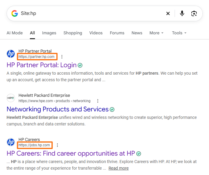 Google search results with partner.hp.com and jobs.hp.com highlighted as subdomains of hp.com