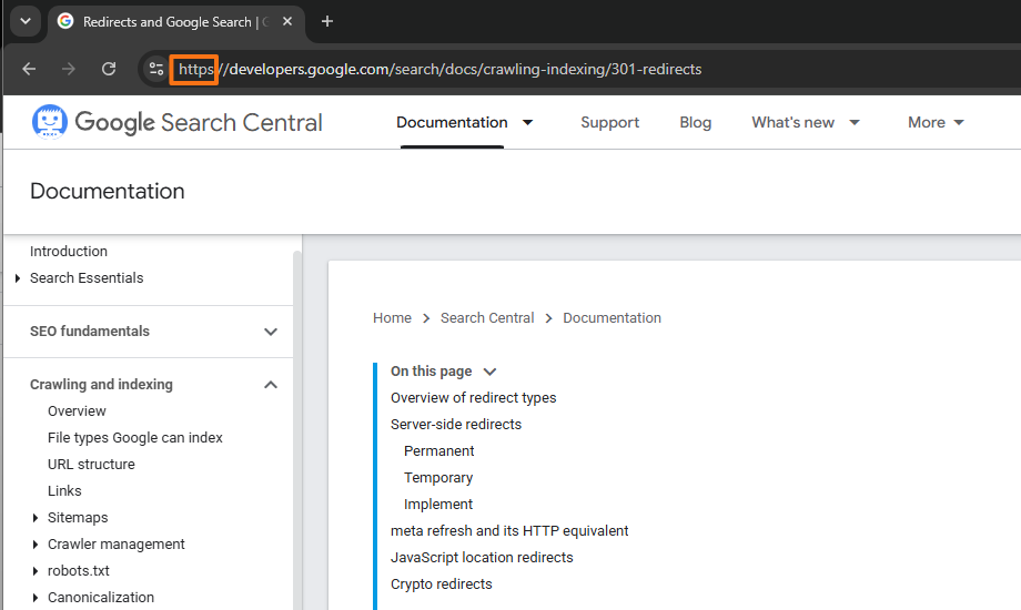 Google Search Central URL with https highlighted to show the URL scheme