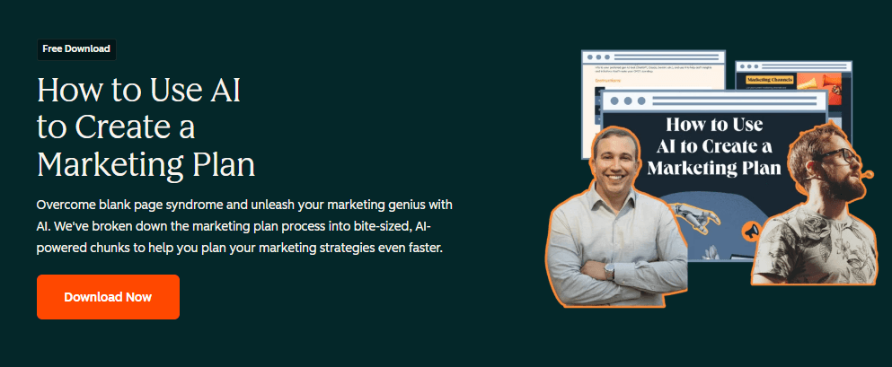 HubSpot landing page promoting an AI marketing plan download with benefit copy and a Download Now button