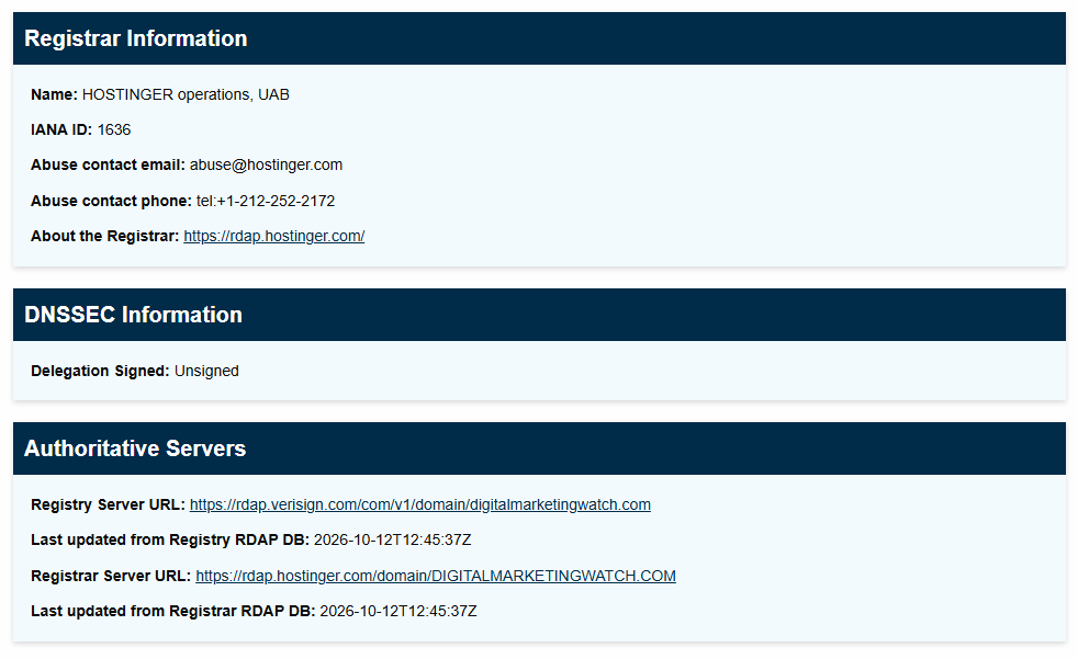 ICANN Lookup results showing registrar information, DNSSEC status, and authoritative RDAP server details for a domain