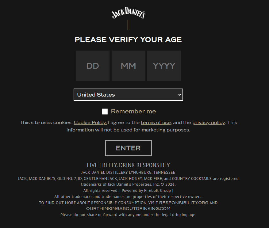Jack Daniel’s splash page asking visitors to verify their age with date of birth fields country selection and an Enter button