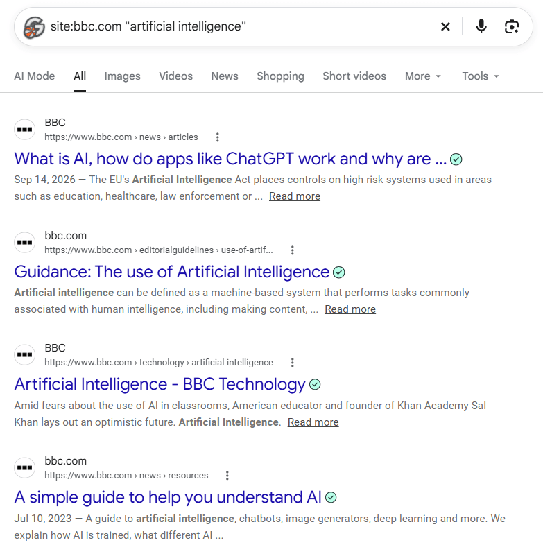 Google site search for BBC artificial intelligence showing several related pages that can be reviewed for possible keyword cannibalization