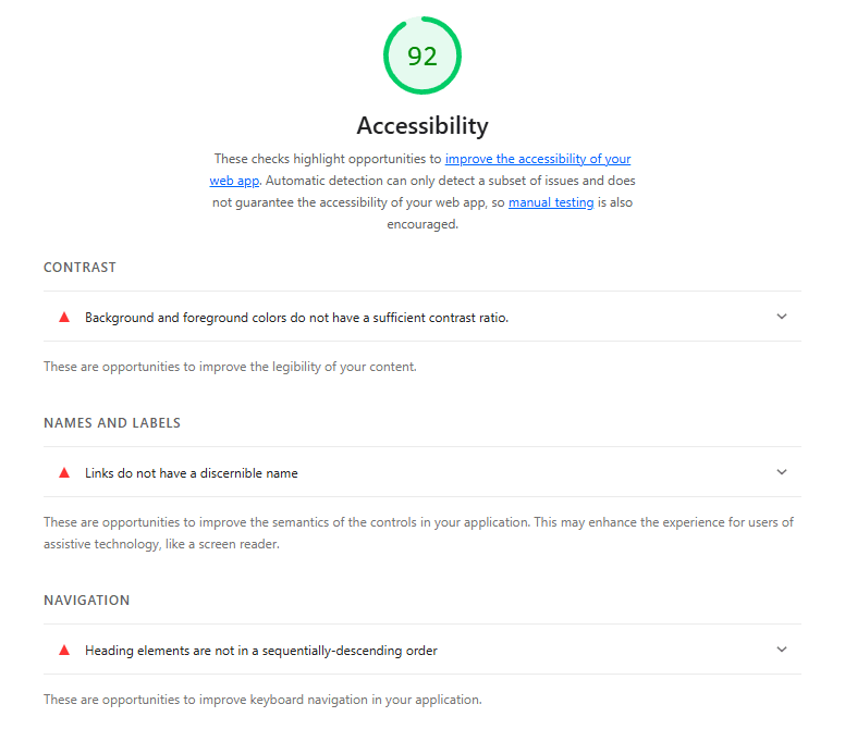 Lighthouse Accessibility report with a score of 92 and flagged issues for contrast, link names, and heading hierarchy