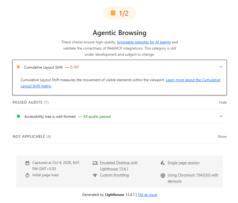 Lighthouse Agentic Browsing report showing a 1/2 score with Cumulative Layout Shift flagged and the accessibility tree audit passed