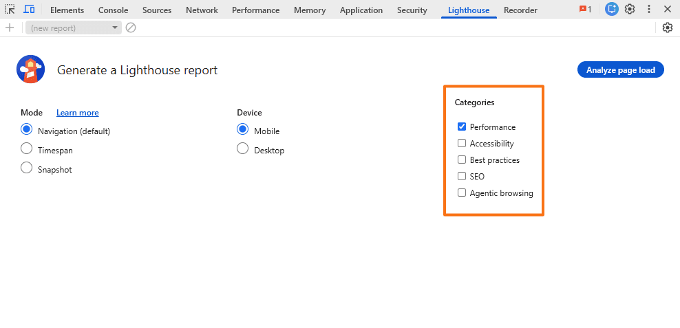 Lighthouse audit setup showing Performance, Accessibility, Best practices, SEO, and Agentic browsing categories