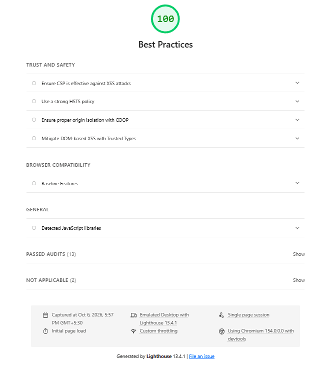 Lighthouse Best Practices report with a score of 100 and passed trust, safety, and browser compatibility audits
