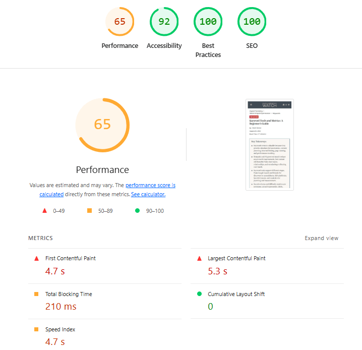 Lighthouse report showing a Performance score of 65 with FCP, LCP, TBT, CLS, and Speed Index metrics