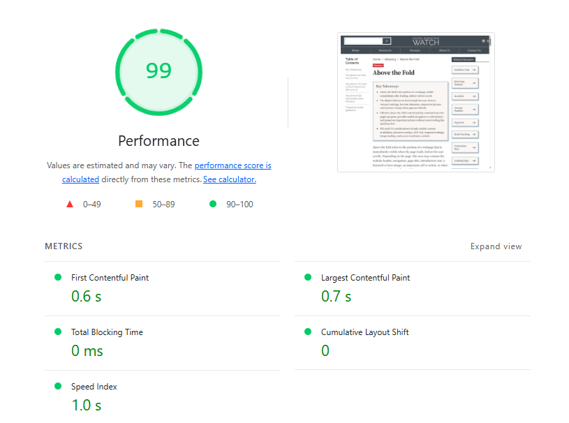 Lighthouse Performance report with a score of 99