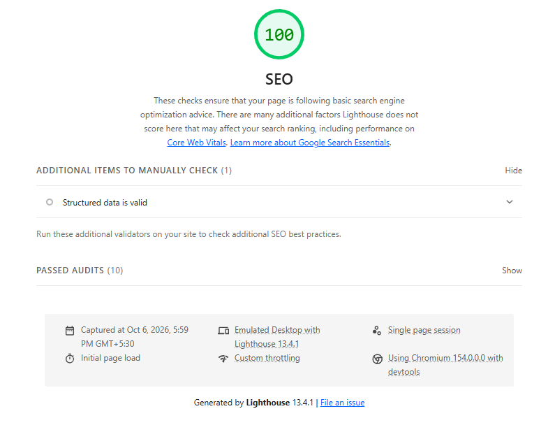 Lighthouse SEO report with a score of 100 showing passed SEO audits and a structured data item for manual review