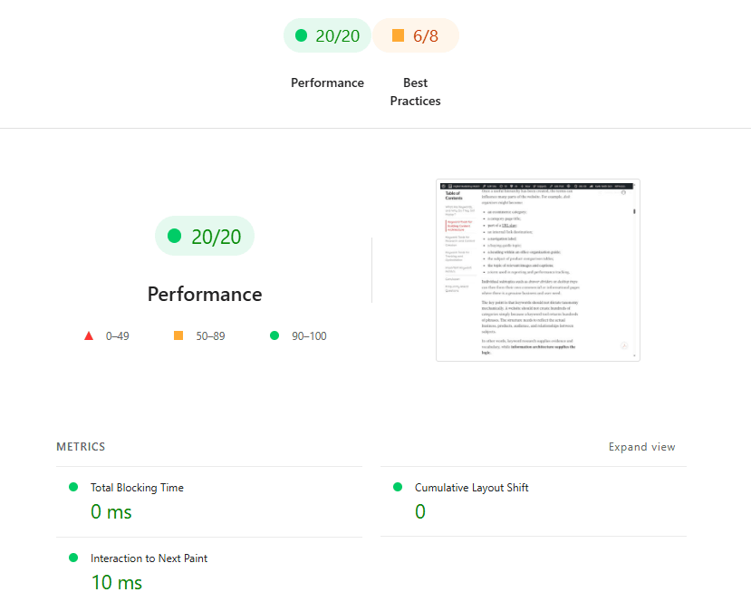 Lighthouse Timespan mode report showing Performance and Best Practices scores with TBT, CLS, and INP metrics