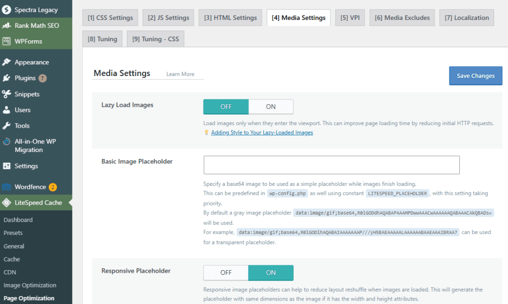 LiteSpeed Cache Page Optimization Media Settings showing the Lazy Load Images toggle, basic image placeholder, and responsive placeholder options