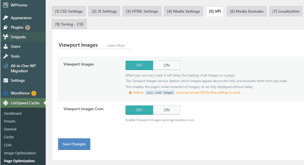 LiteSpeed Cache VPI settings showing the Viewport Images option and cron setting used to identify above-the-fold images and exclude them from lazy loading