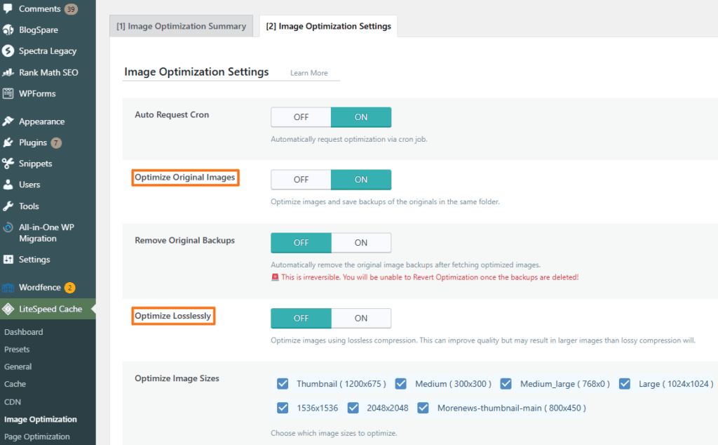 LiteSpeed Cache settings showing the Optimize Losslessly option for lossless image compression