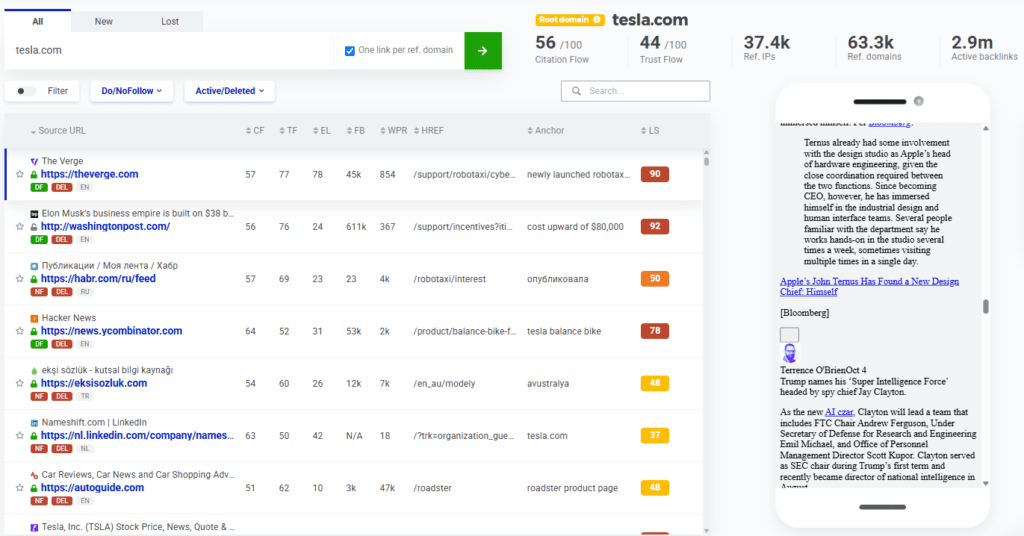 Mangools LinkMiner analysis of tesla.com showing referring domains and backlinks that can help detect spammy backlinks