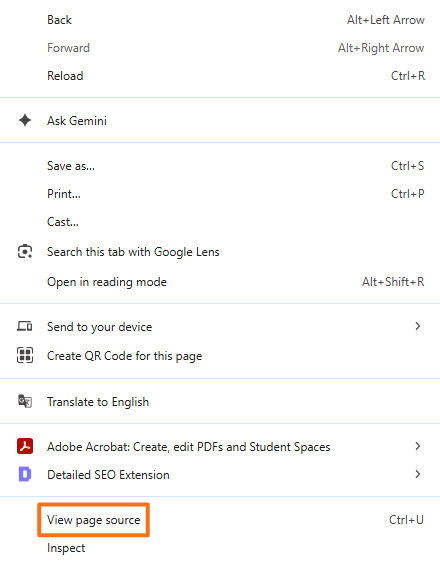 Google Chrome context menu with View page source highlighted for checking a meta robots tag