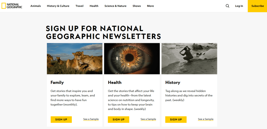 National Geographic newsletter page with visible sign-up buttons placed above the fold