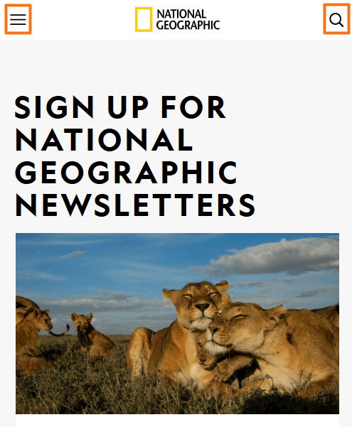 National Geographic mobile header with highlighted hamburger menu and search button above the page content