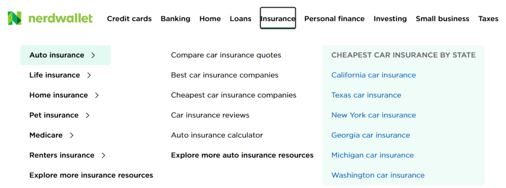 NerdWallet insurance menu showing categories such as auto, life, home, and pet insurance with related subtopics and state pages