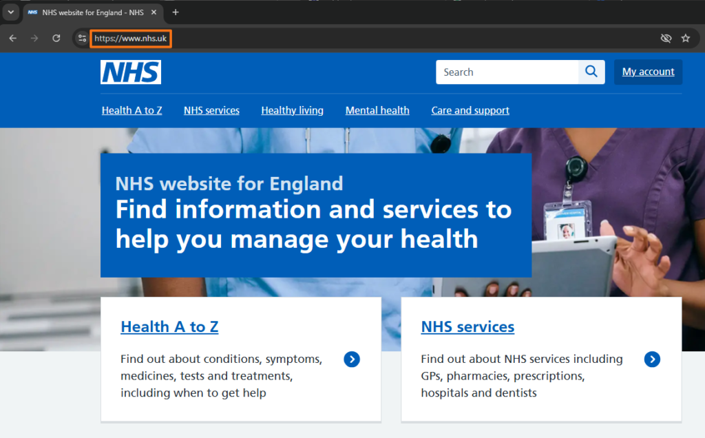 NHS website with .uk highlighted as the country-code top-level domain in nhs.uk