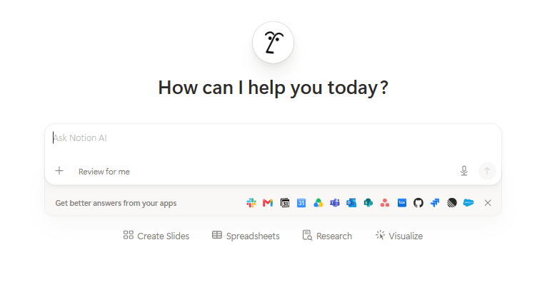 Notion AI interface with a prompt box, connected app icons, and options for slides, spreadsheets, research, and visualization