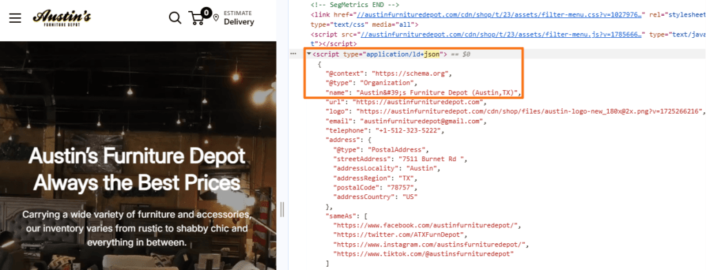 Austin’s Furniture Depot homepage with Organization JSON-LD structured data visible in Chrome DevTools