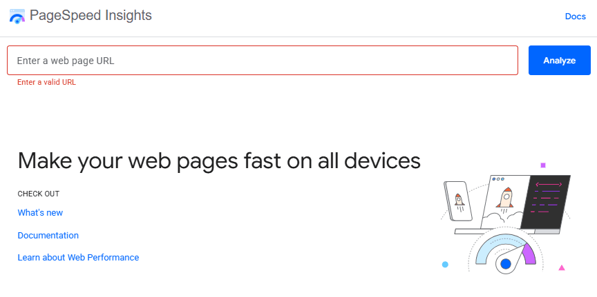Google PageSpeed Insights homepage showing the URL input field and Analyze button