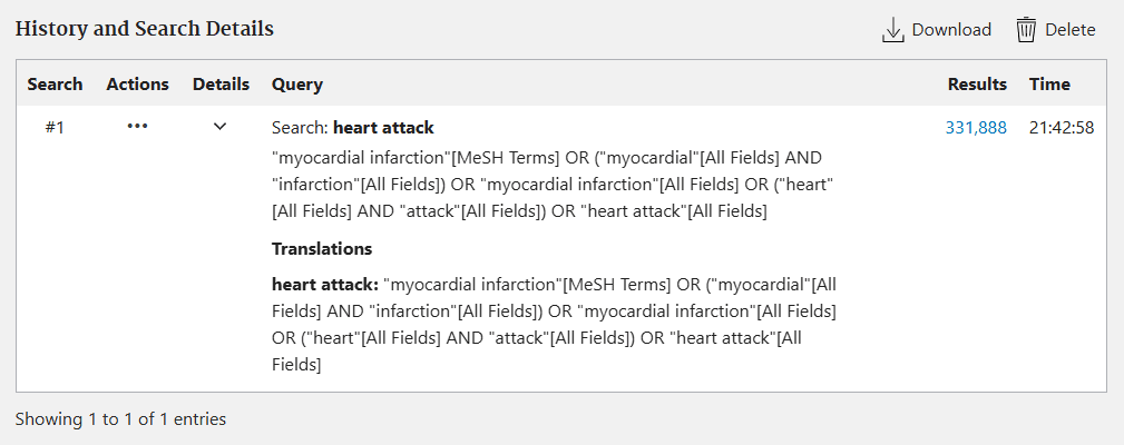 PubMed Search Details showing heart attack translated into myocardial infarction and related search terms
