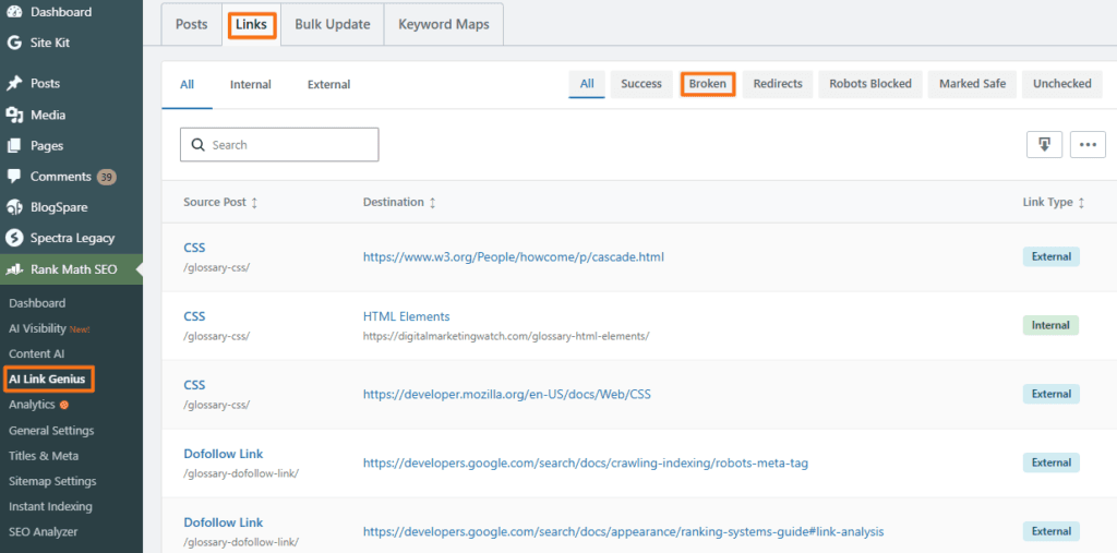Rank Math AI Link Genius Links report showing internal and external links