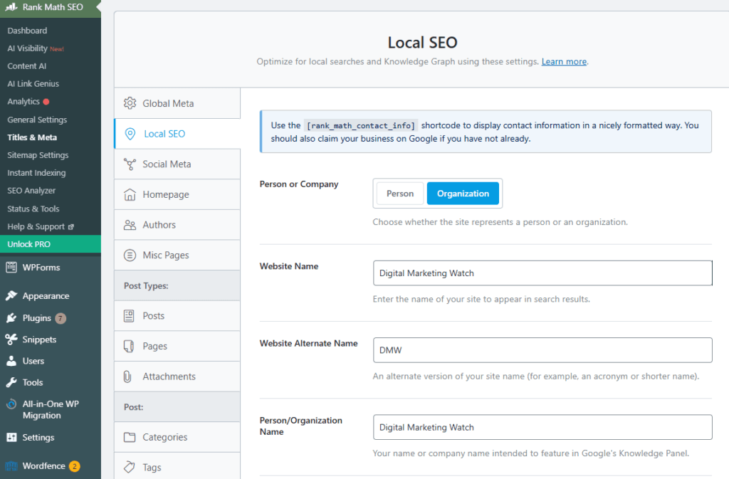 Rank Math Local SEO settings in WordPress showing Organization selected and organization identity fields