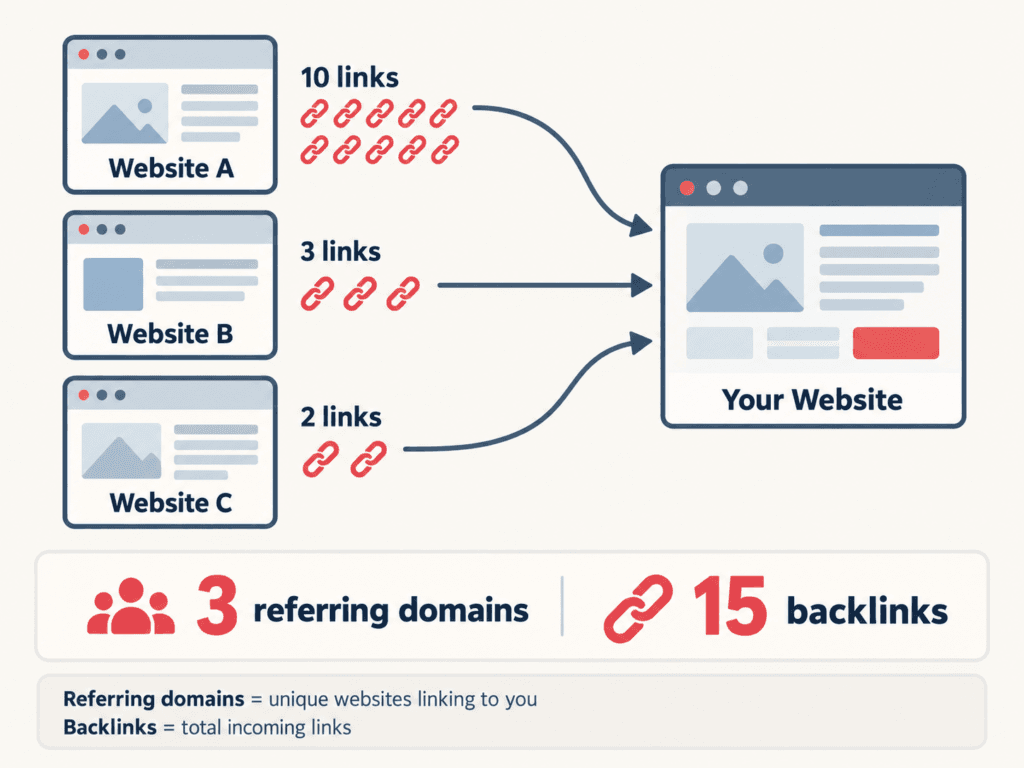 Three websites linking to one website with 10, 3, and 2 links, showing 3 referring domains and 15 backlinks