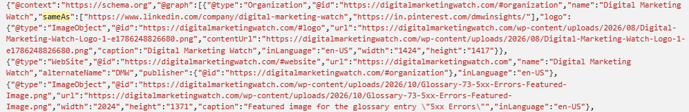 JSON-LD markup showing a sameAs property linking Digital Marketing Watch to its Pinterest profile for entity disambiguation