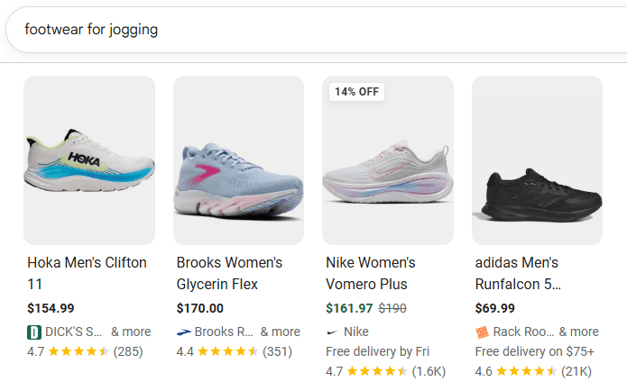 Google results for “footwear for jogging” showing running-shoe products and articles