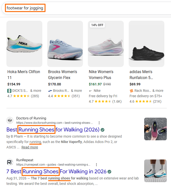 Google search results for footwear for jogging showing running shoes and related product and article results