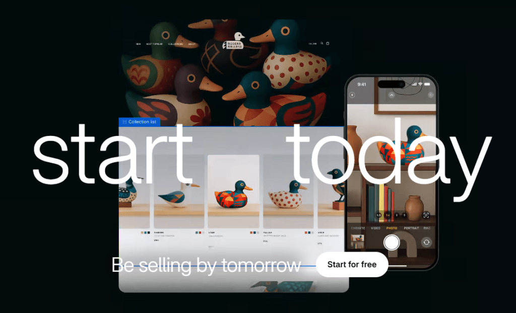 Shopify landing page with a large Start for free call-to-action button and ecommerce website visuals