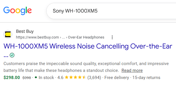 Google product result for Sony WH-1000XM5 headphones showing price stock rating reviews delivery and return details