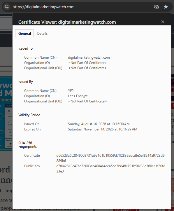 SSL certificate viewer for Digital Marketing Watch showing the domain name Let’s Encrypt issuer and certificate validity dates