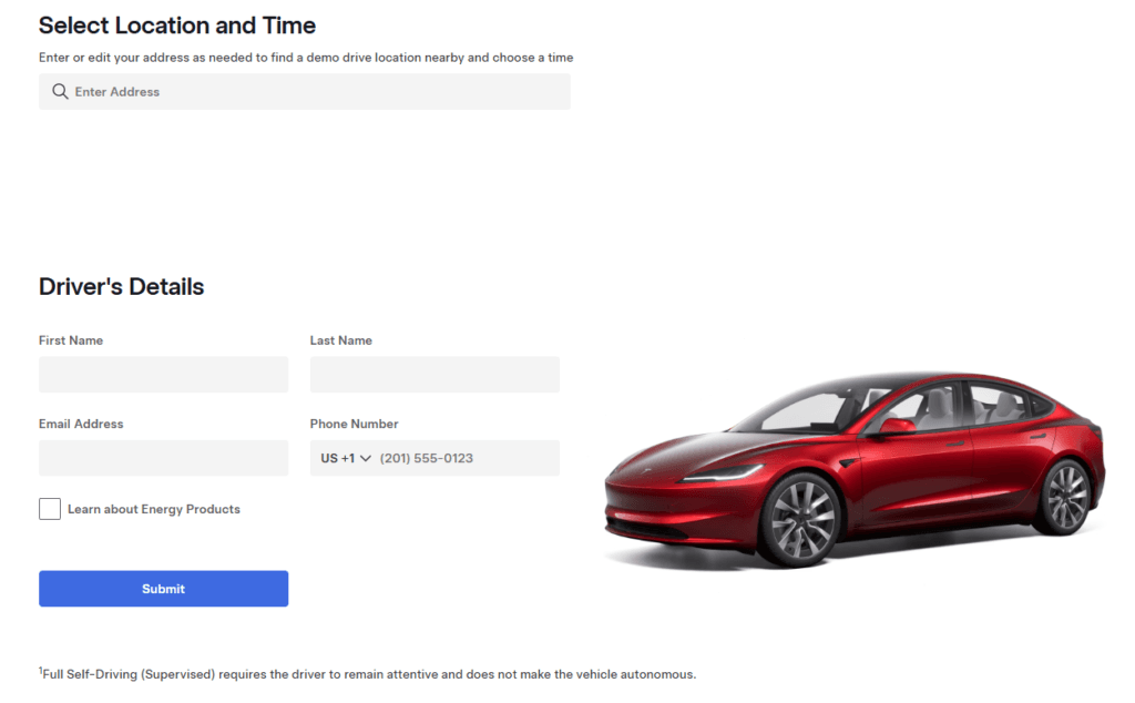 Tesla test drive landing page with location search driver information fields vehicle image and a Submit button