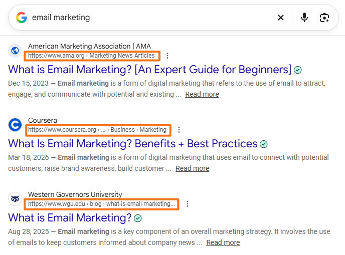 Google SERP for "email marketing" with highlighted URLs and breadcrumb-style paths displayed above search result titles