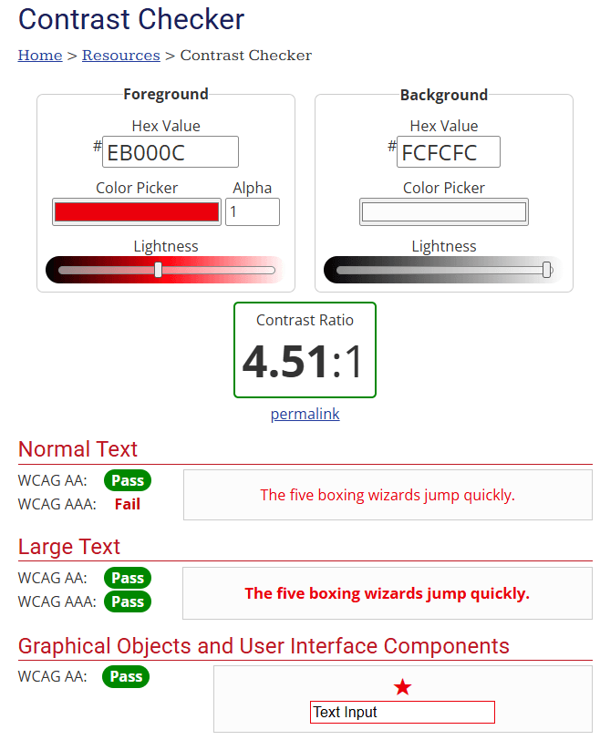 WebAIM Contrast Checker showing a 4.51 to 1 contrast ratio with WCAG results for normal and large text
